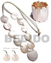 Natural 10 PCS. 35MM ROUND KABIBE SHELLS & 1PC. 50MM ROUND KABIBE SHELL CENTER ACCENT IN SATIN DOUBLE CORD / 40 IN./ W/ SET EARRINGS AND ELASTIC BANGLE Set Jewelry Wooden Accessory Shell Products Cebu Crafts Cebu Jewelry Products