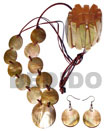 Natural 10 PCS. 35MM ROUND BROWNLIP SHELLS & 1PC. 50MMROUND  BROWNLIP SHELL CENTER ACCENT IN SATIN DOUBLE CORD / 40 IN. W/ SET EARRINGS AND ELASTIC BANGLE Set Jewelry Wooden Accessory Shell Products Cebu Crafts Cebu Jewelry Products