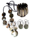 Natural 10 PCS. 35MM ROUND BLACKLIP SHELLS & 1PC. 50MM ROUND BLACKLIP SHELL CENTER ACCENT IN SATIN DOUBLE CORD / 40 IN. W/ SET EARRINGS AND ELASTIC BANGLE Set Jewelry Wooden Accessory Shell Products Cebu Crafts Cebu Jewelry Products
