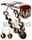 Natural 10 PCS. 35MM ROUND BROWNLIP TIGER SHELLS & 1PC. 50MM ROUND BROWNLIP TIGER SHELL CENTER ACCENT IN SATIN DOUBLE CORD / 40 IN. W/ SET EARRINGS AND ELASTIC BANGLE Set Jewelry Wooden Accessory Shell Products Cebu Crafts Cebu Jewelry Products